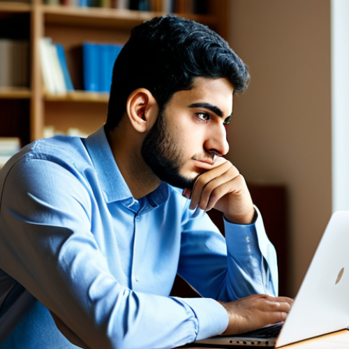 Home 6 A pensive young Arab male student, in his early twenties, seated at a clean wooden desk in a well-lit study space at home. He is dressed in a modest, contemporary long-sleeved shirt and trousers. An open laptop on the desk displays financial documents or a university application portal. He is looking thoughtfully at the screen, with one hand gently resting on his chin, conveying deep contemplation about the costs of education. The background is slightly blurred, showing a neat bookshelf. Professional photography, natural soft lighting, perfect anatomy, correct proportions, natural pose, well-formed hands, proper finger count, natural body proportions, safe for work, appropriate content, fully clothed, modest clothing, professional.