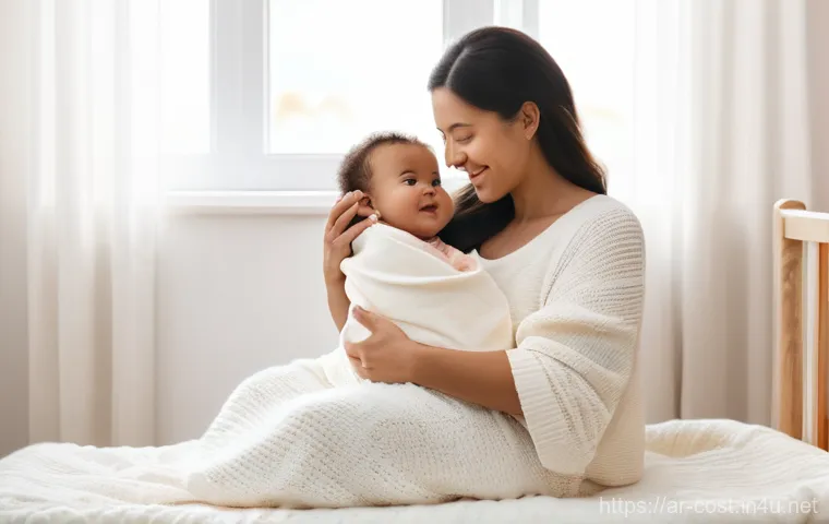 유아용품 구매비용 - **A Mother's Love and Essentials.** A warm, serene scene depicting a young mother, dressed modestly ...