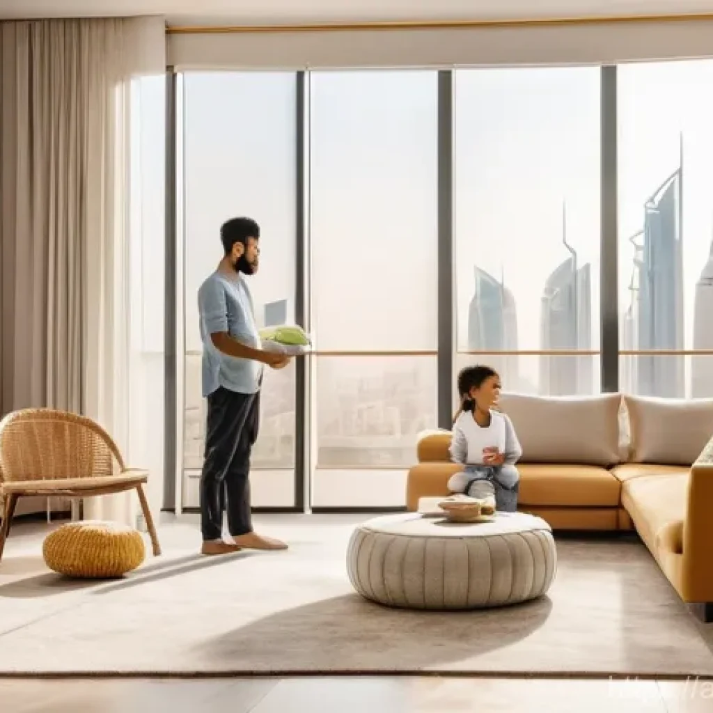 공기청정기 유지비 - **Prompt:** A modern, brightly lit living room in a contemporary Arab home in a city like Riyadh or ...