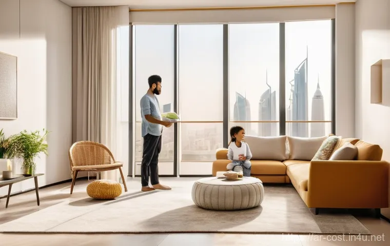 공기청정기 유지비 - **Prompt:** A modern, brightly lit living room in a contemporary Arab home in a city like Riyadh or ...