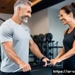 개인 PT 비용 - **Left Panel:** A patient female personal trainer, in her 40s, with a warm smile, wearing a light gr...