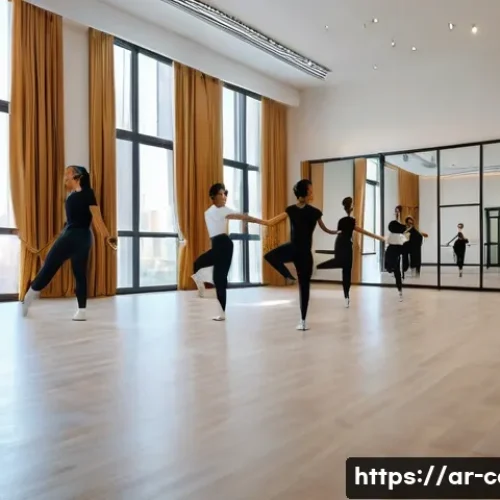 댄스 학원비 - A modern dance studio interior in a bustling Riyadh city center, featuring large mirrors, polished w...