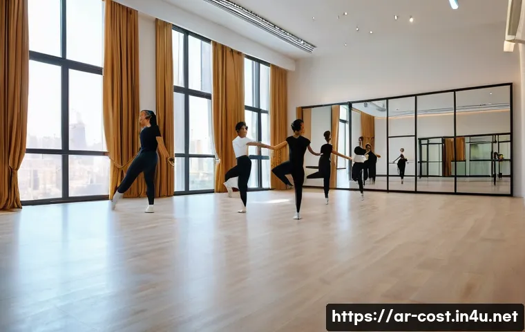댄스 학원비 - A modern dance studio interior in a bustling Riyadh city center, featuring large mirrors, polished w...