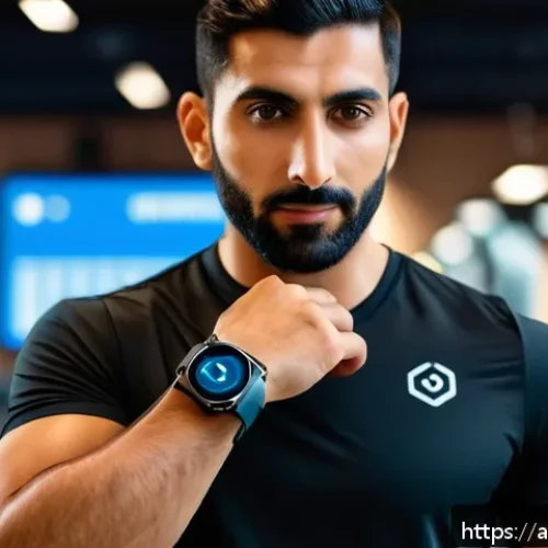 스마트워치 구입비 - A stylish Arabic man in his 30s wearing a sleek, lightweight smart watch with a silicone band on his...