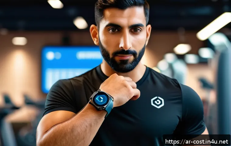 스마트워치 구입비 - A stylish Arabic man in his 30s wearing a sleek, lightweight smart watch with a silicone band on his...