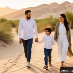 취미 활동 비용 - A serene outdoor scene of a Middle Eastern family walking along a nature trail during sunset, wearin...