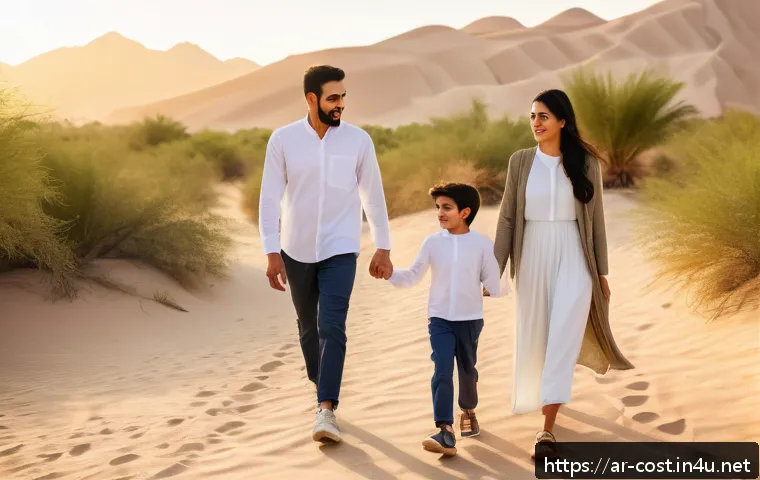 취미 활동 비용 - A serene outdoor scene of a Middle Eastern family walking along a nature trail during sunset, wearin...