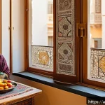 해외여행 경비 - A cozy furnished apartment interior in a Middle Eastern city, featuring traditional Arabic decorativ...