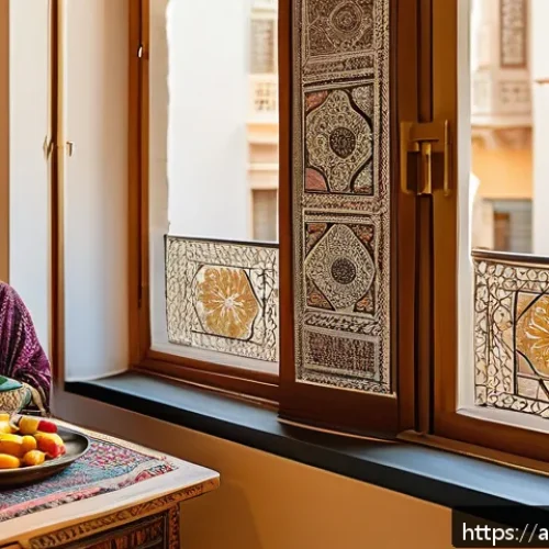 해외여행 경비 - A cozy furnished apartment interior in a Middle Eastern city, featuring traditional Arabic decorativ...