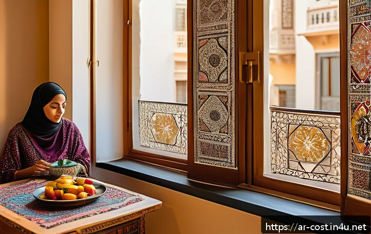 해외여행 경비 - A cozy furnished apartment interior in a Middle Eastern city, featuring traditional Arabic decorativ...