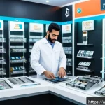 핸드폰 액정 수리비 - A detailed scene inside a modern phone repair shop in Riyadh, Saudi Arabia, featuring a skilled tech...
