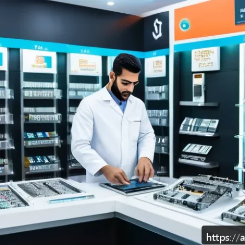 핸드폰 액정 수리비 - A detailed scene inside a modern phone repair shop in Riyadh, Saudi Arabia, featuring a skilled tech...