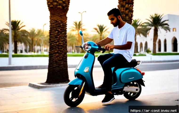 공유킥보드 사용비용 - Photorealistic shared electric scooter parked beside a modern curb in a clean Gulf city, young Arab ...