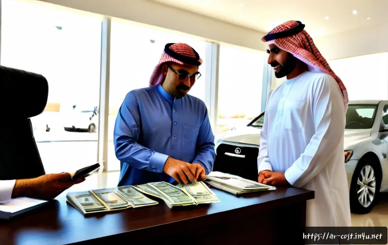 중고차 매매 수수료 - Photorealistic scene of an Arab couple at a modern used-car dealership in Riyadh, carefully reviewin...