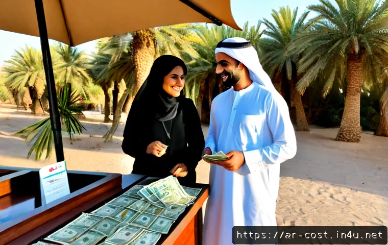 Home 17 캠핑장 이용료 - Photorealistic family-friendly desert campground reception in the Gulf region, an Arab couple in mod...